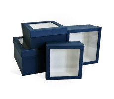 Квадратная коробка  тиснение Рогожка с окном синняя